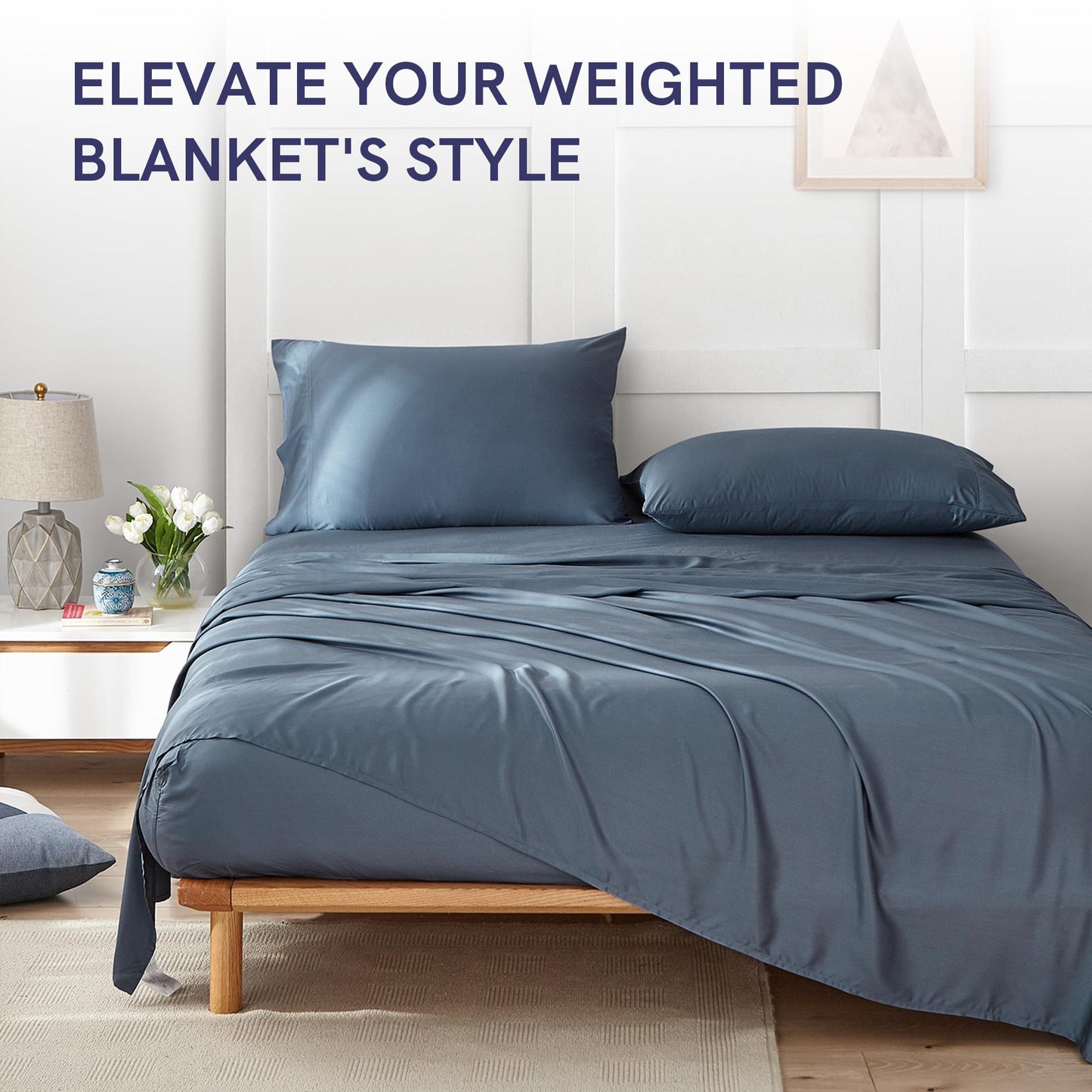 YnM 60 x 80 inch Natural Bamboo Cooling Machine Washable Duvet Cover for Weighted Blankets, Blue Grey
