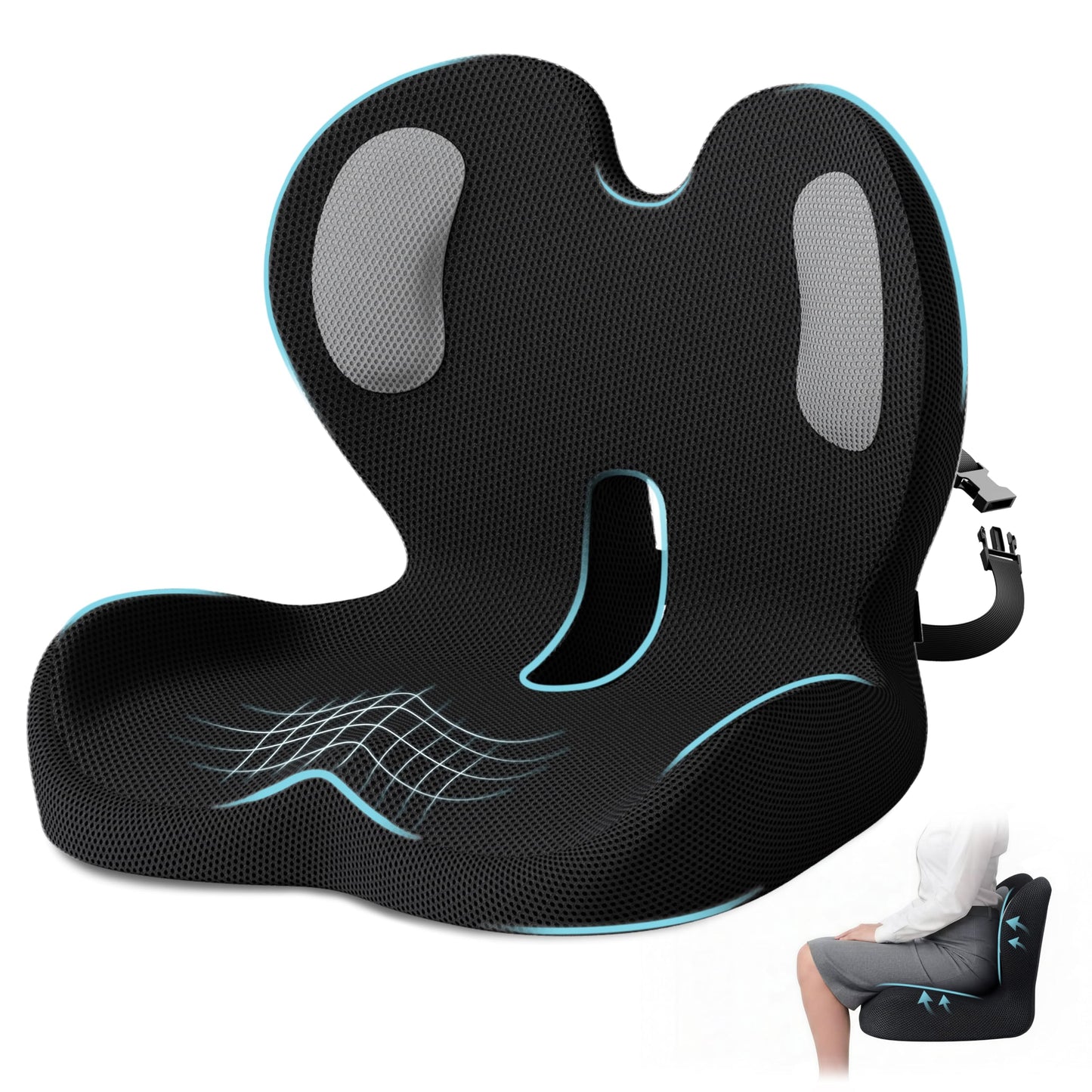 XZdream Memory Foam Seat Cushion,Office Cushion with Lumbar Support for Back Pressure Relief,Truck Seat Cushion with Adjustable Strap,for Car,Truck, Desk (Black+Mesh Cloth)