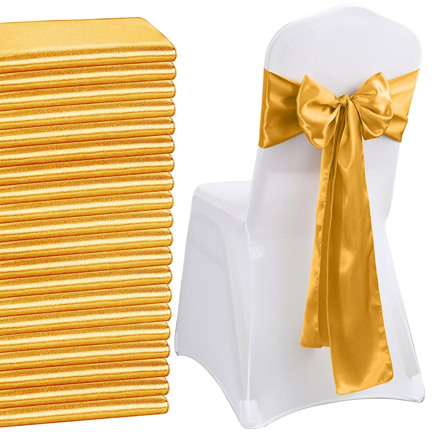 60PCS Satin Chair Sashes Bows, 7x108 inch Universal Ribbon Ties Chair Sashes Wedding Chair Covers for Wedding Reception Banquet,Restaurant Event, Birthday Party,Hotel Event Decorations (Antique Gold)