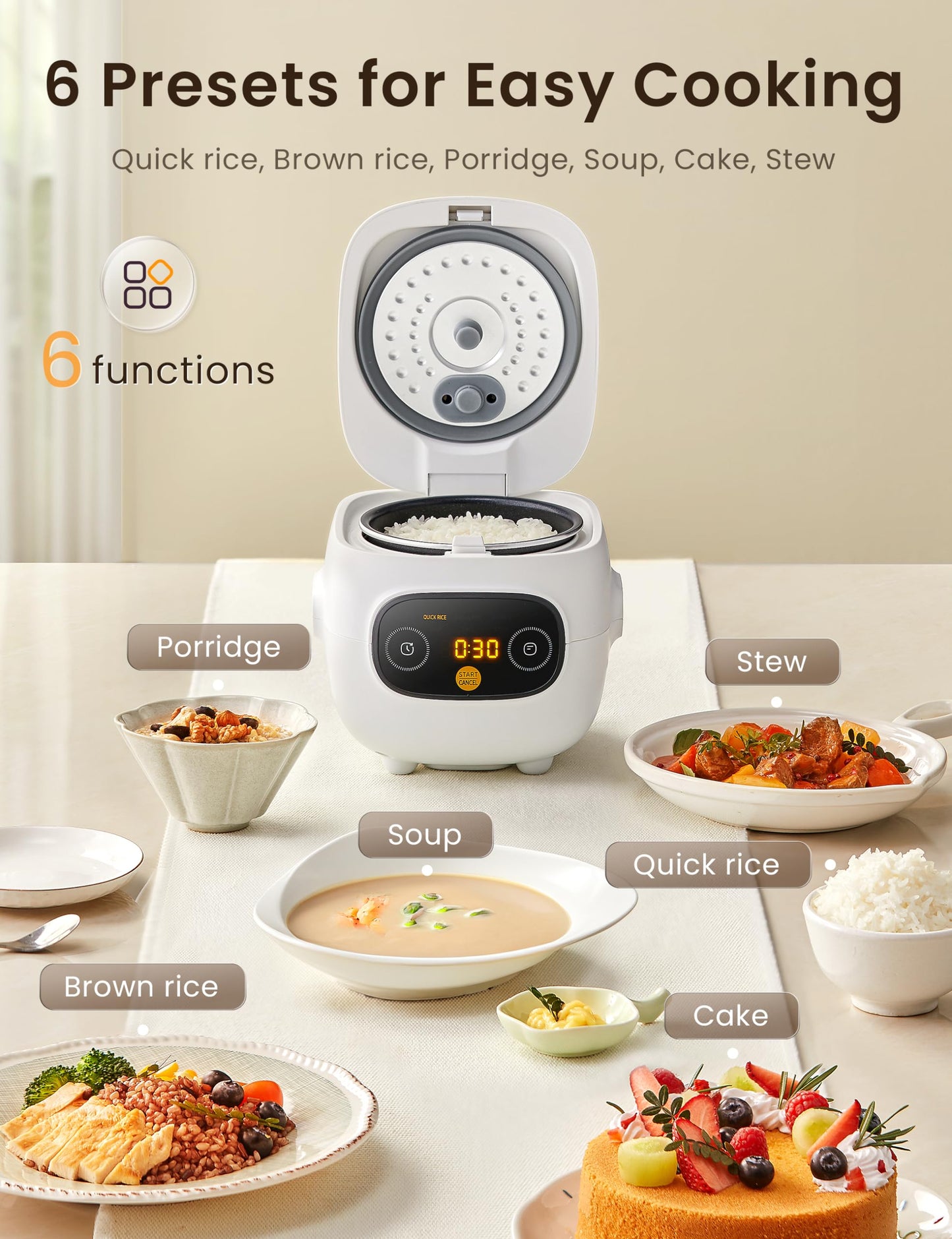 COMFEE Mini Rice Cooker 5 Cups Cooked/2.5 Cups Uncooked, Portable Non-Stick Rice Maker, 24 Hour Timer Delay, 6 Functions, Fast Cooker, Brown Rice, Oatmeal, White