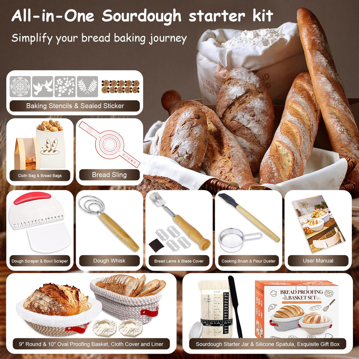 Sourdough Bread Baking Supplies Kit, 10" Oval & 9" Round Bread Proofing Basket Set Jar Scraper Scoring Lame Brush Short Danish Whisk, Sourdough Starter Kit Gift for Bread Making (Oval & Round & Jar)
