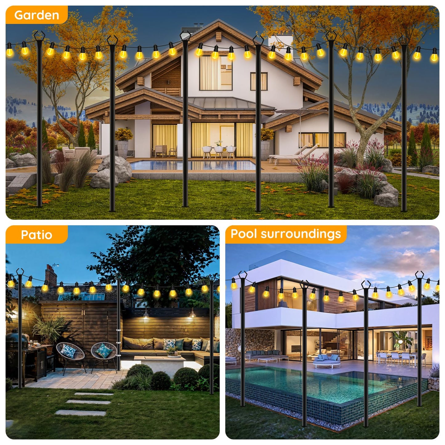 4 Pack 10FT String Light Poles, Metal Light Poles for Outside String Lights,with Fork,Hanging Light Poles for Patio,Backyard,Garden,Deck,Party,Wedding (4 Pack)