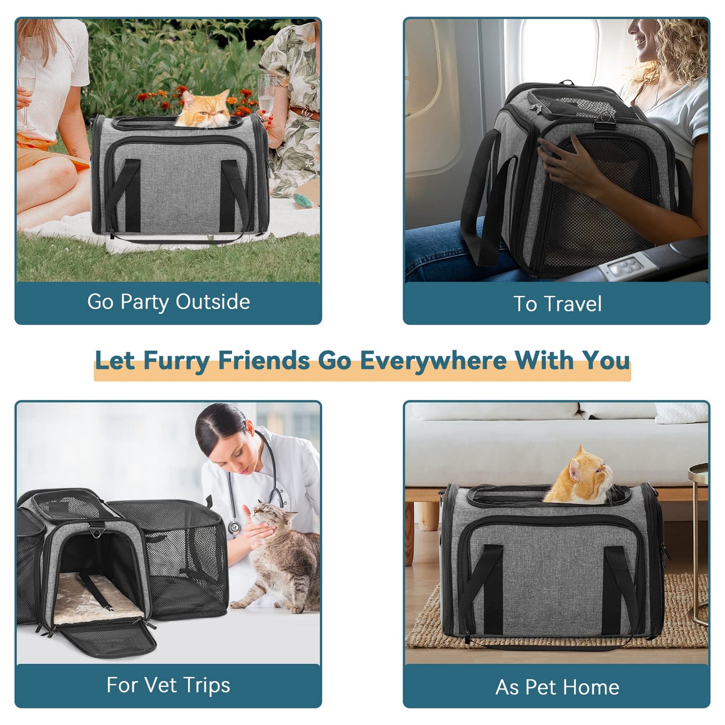 Petsfit Expandable Pet Carrier Airline Approved, Cat Carrier with Locking Zipper and Shoulder Strap, Storage Pockets, Cats, Kittens Puppies or Small Dog up to 15 Pounds,Gray M