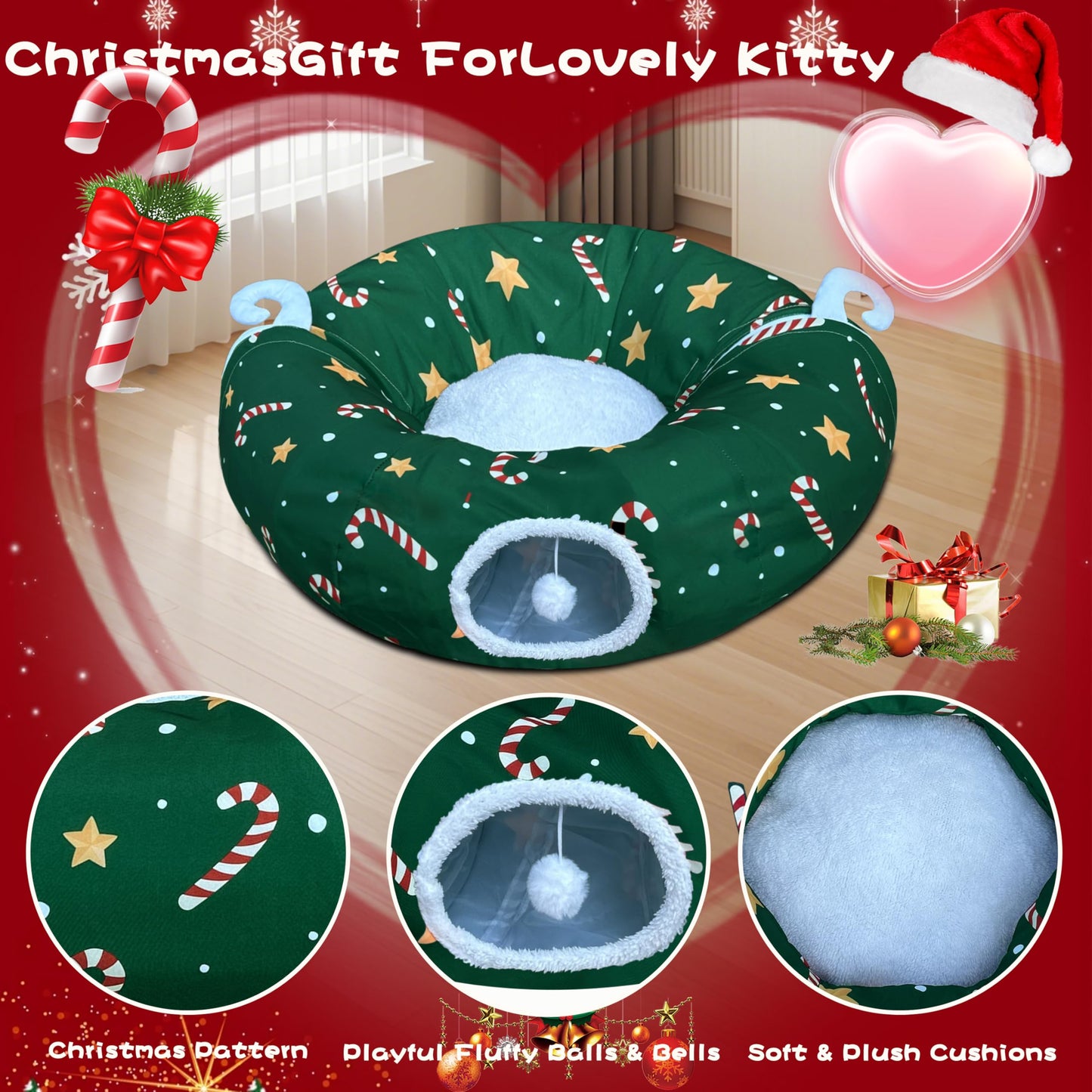 LUCKITTY Cat Tunnel Bed in Christmas Style with Star, Crutches Candy, and Snowflakes Patterns - 3FT x 3FT x 9.8 INCH Size Green Decorative for Festive Felines