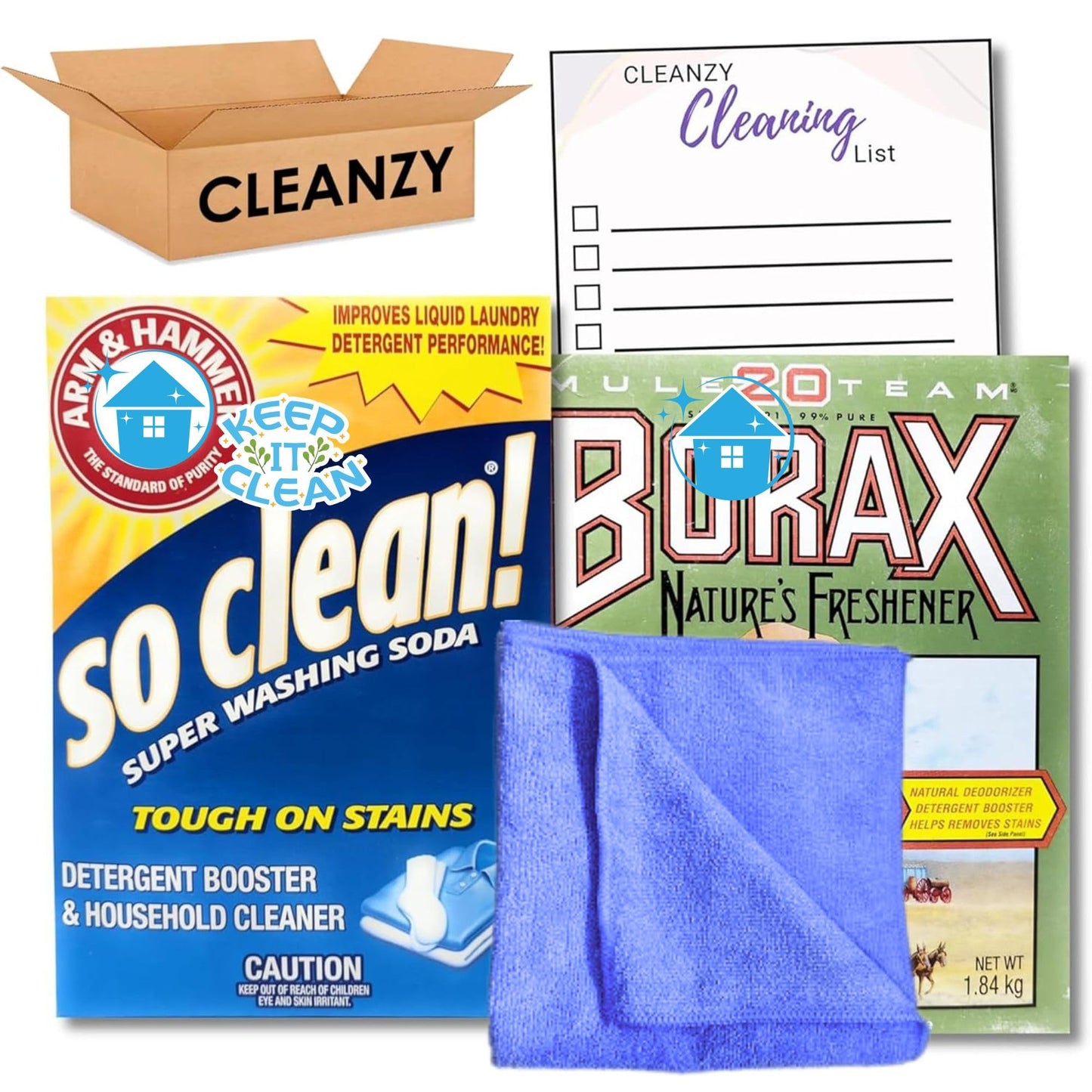 Cleaner and Superwashing Soda, Microfiber CLoth, CLEANZY Cleaning Card BONUS, All Natural Detergent Booster Cleaner Bundle