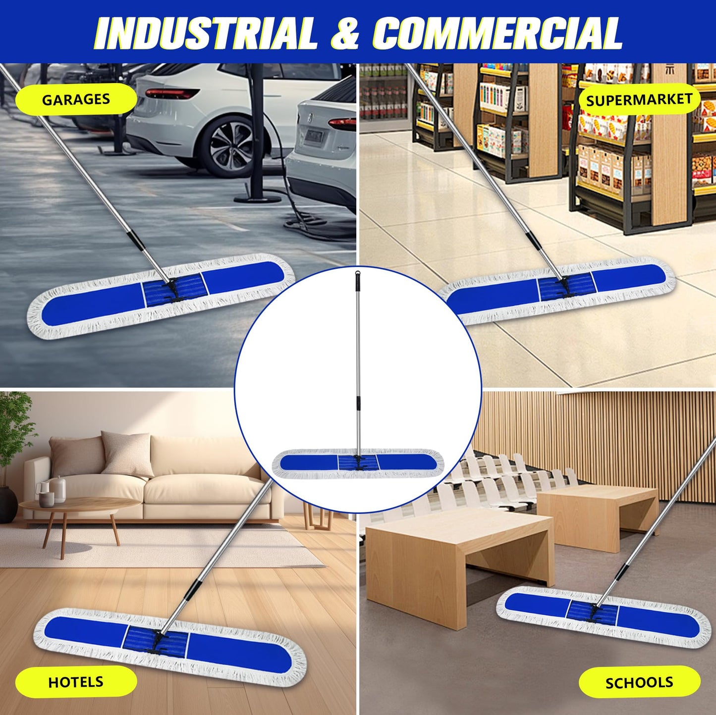 Solipect 48 inch Commercial Dust Mop for Hardwood Floors, Large Size Dry Mop, Reusable Cotton Yarn Head, Telescopic Stainless Steel Handle, Industrial dust mops for Floor Cleaning, Marble, Blue