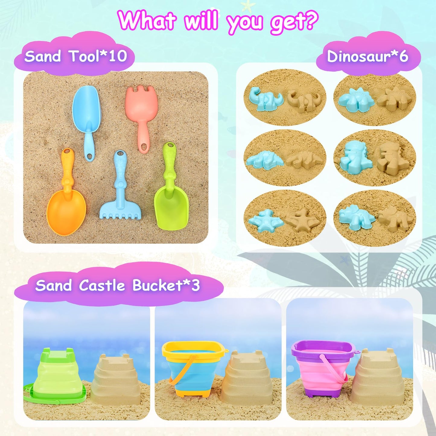 NINAOR Beach Toys for Kids,19 Pcs Collapsible Sand Toys Bucket Tools for Sandbox Camping Travel Foldable Bucket Outdoor Toys