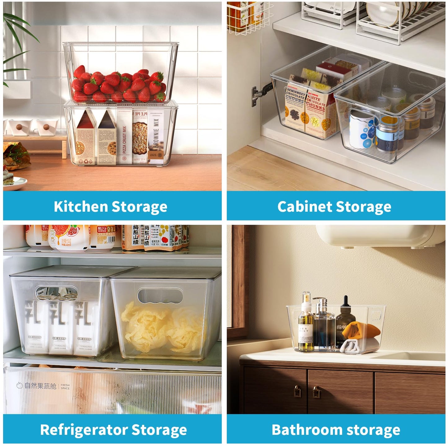 KJIXYUNG Clear Plastic Storage Bins, Pantry Organizers & Storage Containers, Cabinet Organizer, Home Organization Must Haves for Kitchen, Laundry Room, Office, Closet & Freezer (6 Pack with Lids)