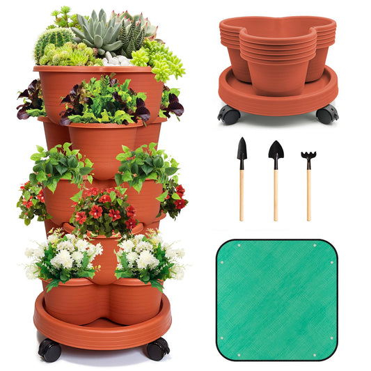 5 Tier Stackable Planter with Removable Wheels and Garden Tools, Garden Planting Tower Planters, Indoor Outdoor Gardening Pots, Vertical Garden Planter(Brick Red)