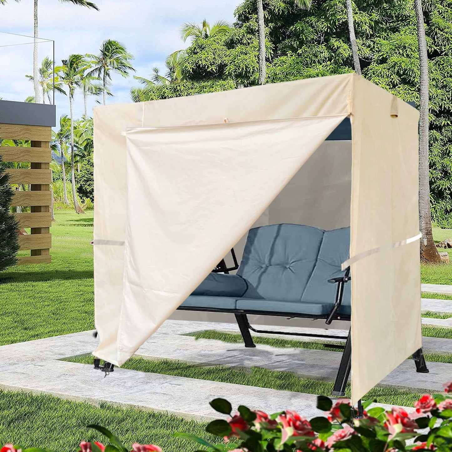 Ourdoor Swing Cove,2 Triple Seater Hammock Cover Garden Swing Cover Garden Hammock Glider Chair Cover Outdoor Swing Cover UV Resistant Swing Canopy Cover (80*59*72 inch) Beige