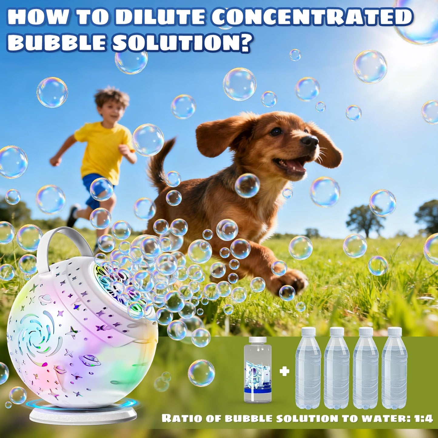 Rechargeable Bubble Machine - Auto 90°/360° Rotation, Remote Control and 7 Colors RGB LED Light, Bubbles Maker Toys for Kids, Bubbles for Wedding Parties, Boys Girls Easter Birthday and Xmas Gift