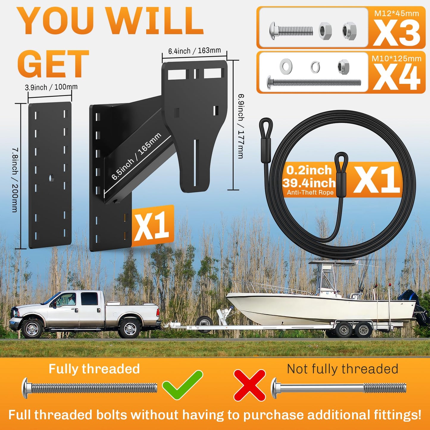 WELLUCK Trailer Spare Tire Mount for Utility Boat Trailer 3-Nuts Spare Tire Carrier Fits 4/5/6 Lugs Trailer Wheels on 4", 4.5'', 4.75'', 5'', 5.5'' and 6''Bolt Patterns, 180Lbs, Anti-Theft Rope