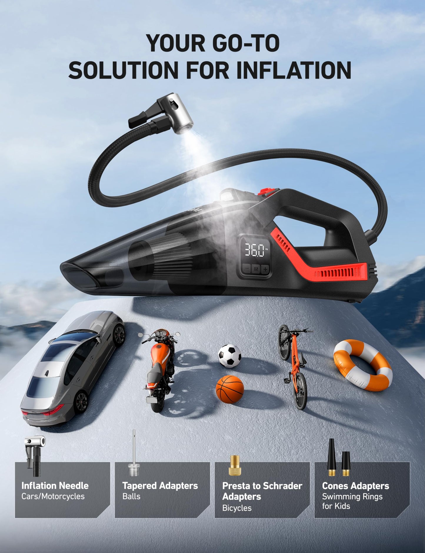 AstroAI 4-in-1 Car Vacuum Cleaner and Tire Inflator, Handheld Vacuum with Air Compressor, Digital Dual Values Display, 150 PSI Car Tires Air Pump with LED Light, 12V DC, 16.4FT Cord for Auto