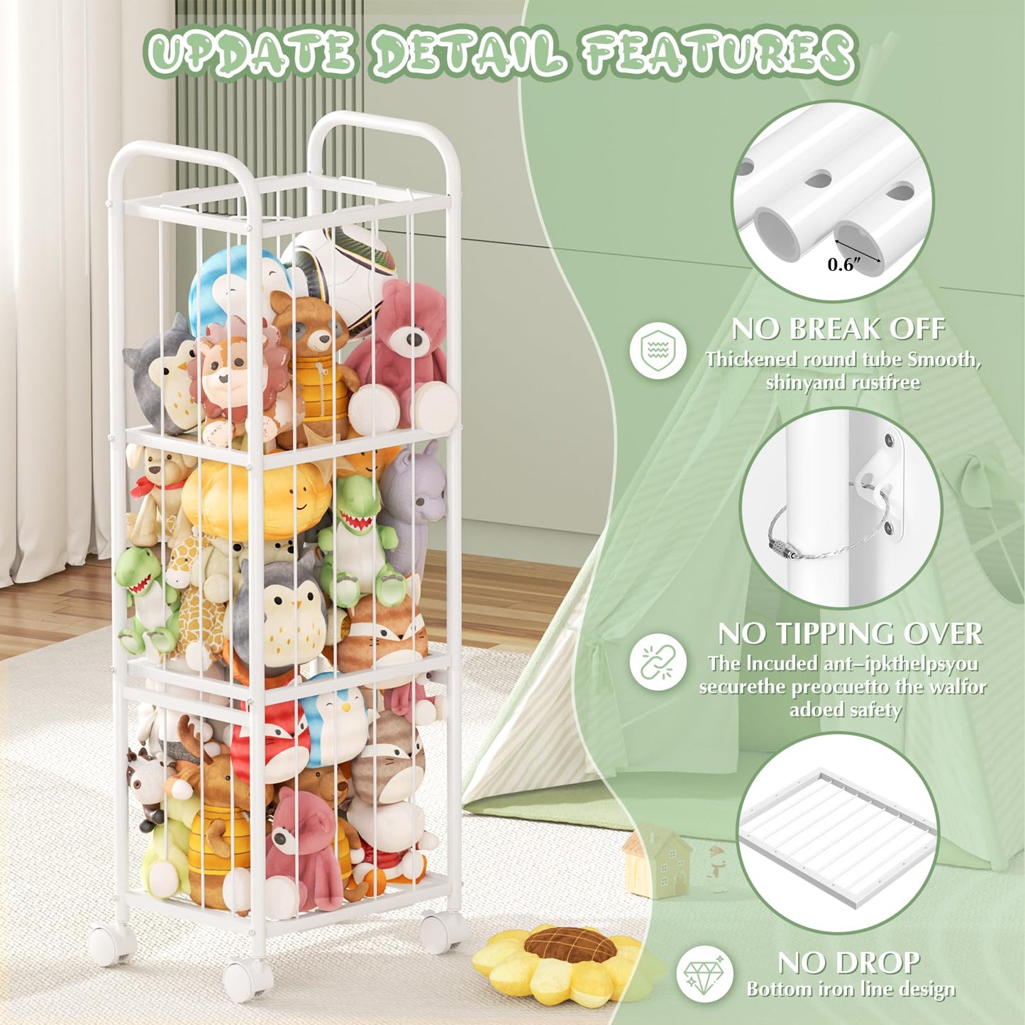 Stuffed Animal Storage with Brake Wheels,Metal Tube Toy Storage Organizer Extra Large Stuffed Animal Holder, Stuffed Animal Zoo Organizer for Nursery Playroom Kids Room White(53.5” x 18.1”x 13”)