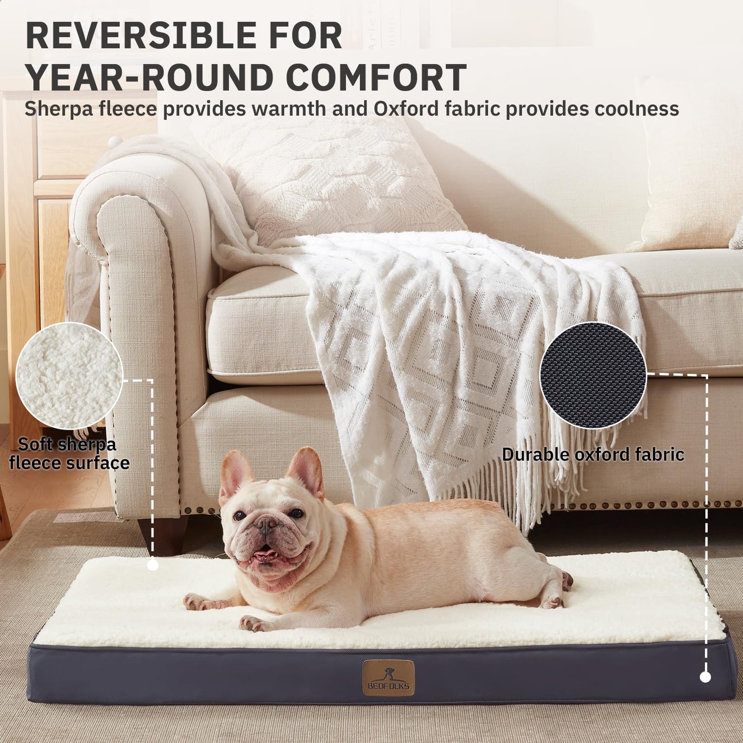 Bedfolks Orthopedic Dog Bed for Large Dogs - Egg Foam Dog Crate Bed with Removable Waterproof Cover, Pet Bed Mat Suitable for Dogs and Pets Up to 65 lbs (36 x 27 x 3 inches, Grey)