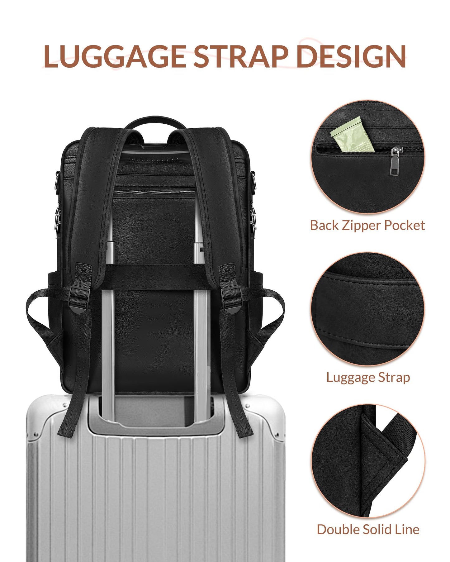 SYTRAH Leather Laptop Backpack, 15.6 Inch Business Computer Bag, Designer College Backpack Travel Backpack with Colorful Shoulder Bag Strap Black