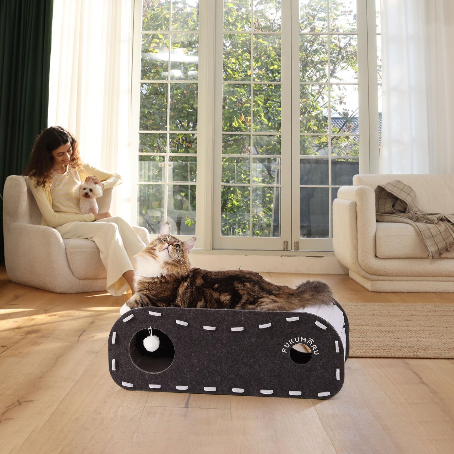 FUKUMARU Cat Beds for Indoor Cats, Large Cat Cave for Multi-Pet Up to 22Lbs, Foldable Cat House with Fluffy Ball Hanging, Scratch Resistant Felt Cat Hideaway, 31.5x11.2x11.6 inches, Black and White
