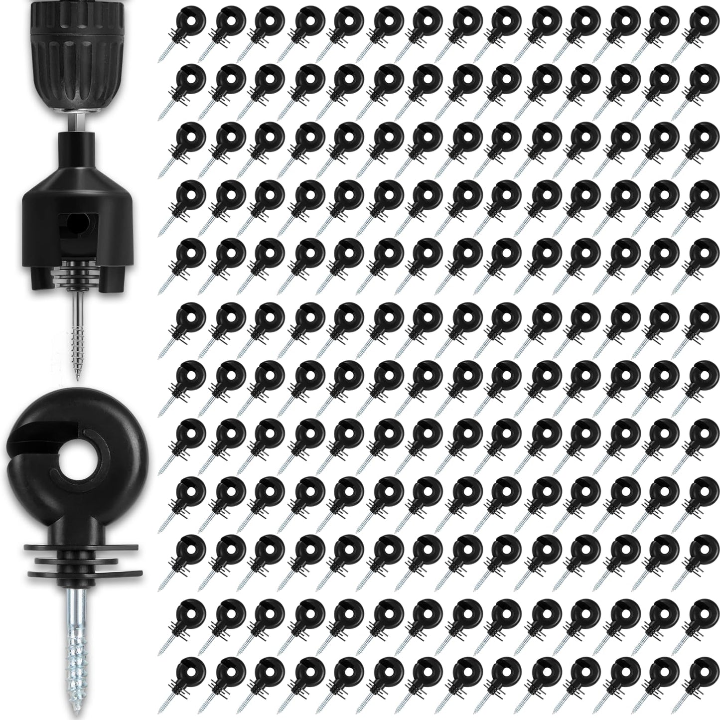 Electric Fence Insulators, 200 PCS Screw in Ring Insulator with Socket Tool for Fence Wood Post, Compatible with Electric Polywire or Steel and Aluminum Wire (Black)