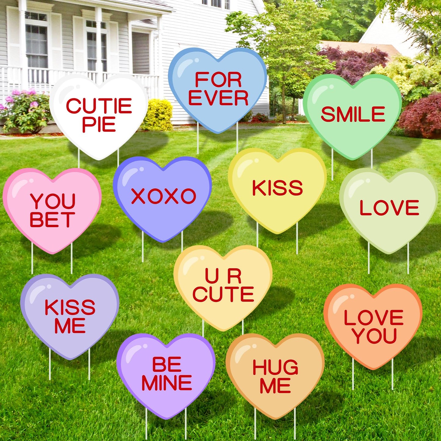 Arosche Valentines Day Yard Signs 12pcs with Stakes Candy Hearts Conversation Garden Decorations Outdoor Holiday Welcome Signs for Valentines Day Party Supplies, Lawn, Pathway Yard Decor