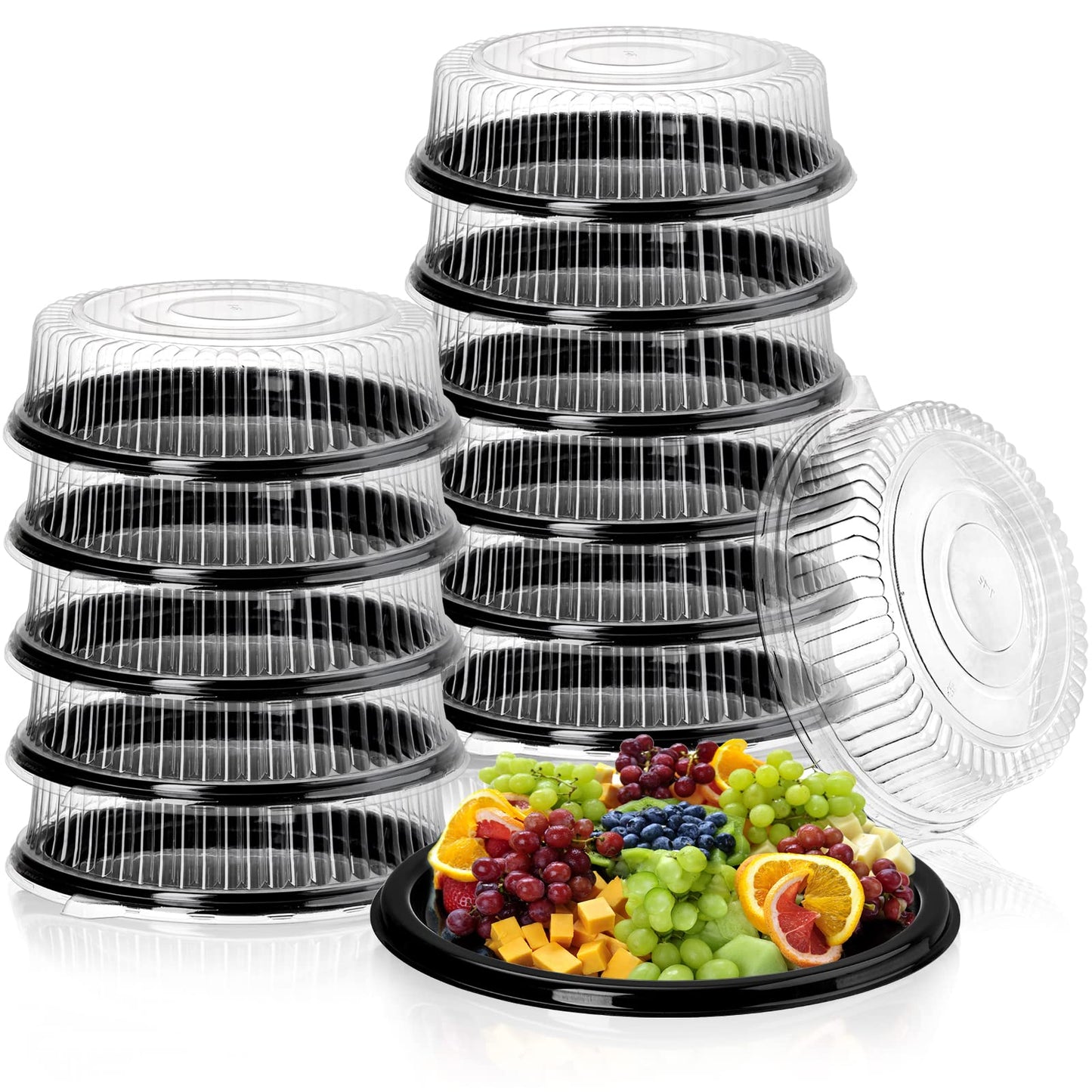 Frcctre 12 Pack 12 Inch Plastic Serving Tray with Lid, Disposable Plastic Food Serving Platters with Clear Dome Lids, Stackable Round Trays for Party, Takeout Food, Catering, Picnic