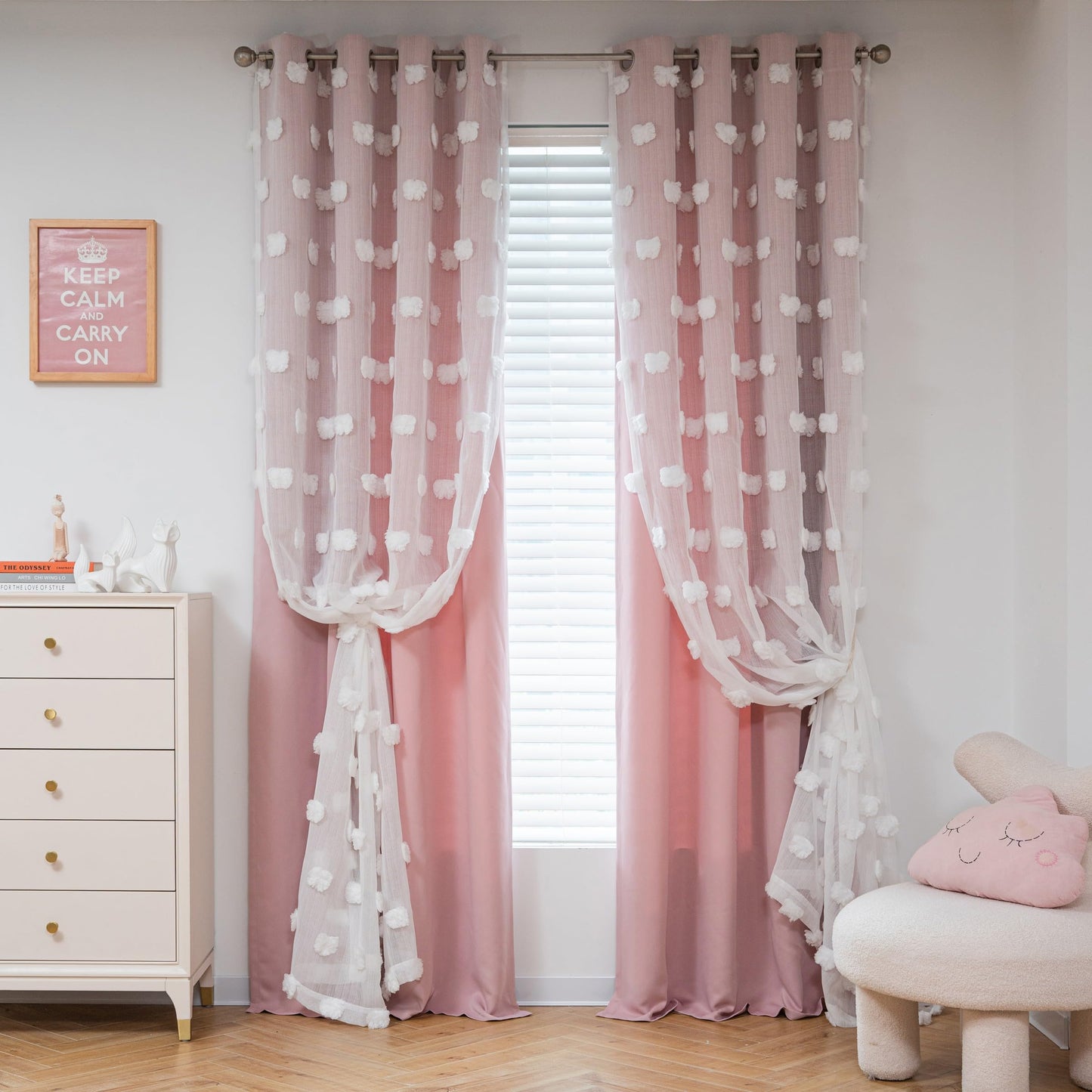 MYSKY HOME Light Blocking Pink Curtains White Sheer Pom Pom Kids Room Decor Drapes for Living Room 95 Inches Long Double Layer Curtains for Sliding Door Grommet Window Panels Set of 2, 52" x 95"