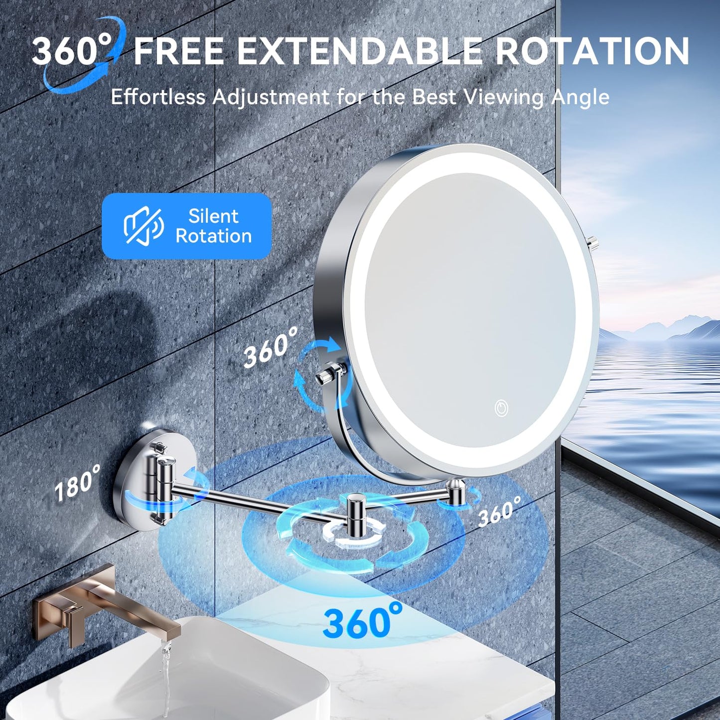 Auxmir 5000mAh Rechargeable Wall Mounted Makeup Mirror, 1X/30X Double-Sided Magnifying Mirror with Light, 9" Lighted Vanity Mirror with 3 Color Modes, Touch Dimmable, 360° Swivel Extended Arm, Chrome