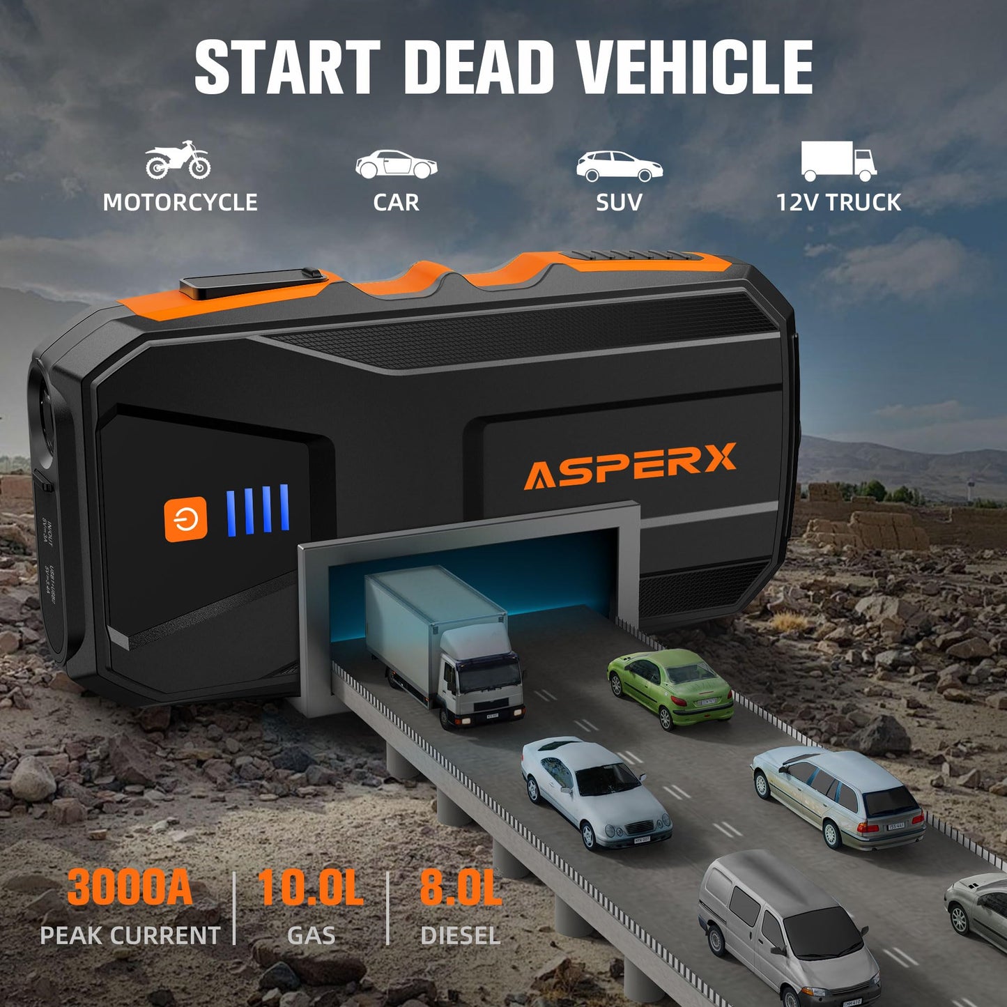 AsperX Car Jump Starter, 3000A Car Battery Booster Jump Starter Up to 10.0L Gas or 8.0L Diesel Engine with 3 USB Output, 12V Portable Booster Pack Jump Starter for Car Battery with LED Light