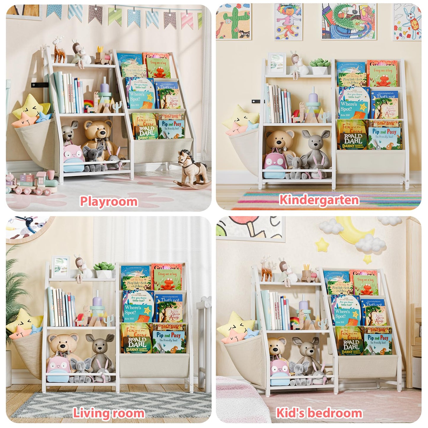 LATIBELL 3 Tier Kids Bookshelf and Toy Storage, Book Sling Shelf, Montessori Baby Toddler Bookshelf for Kids Bookcase, Toy Storage Organizer, for Playroom, Bedroom, Nursery (White)