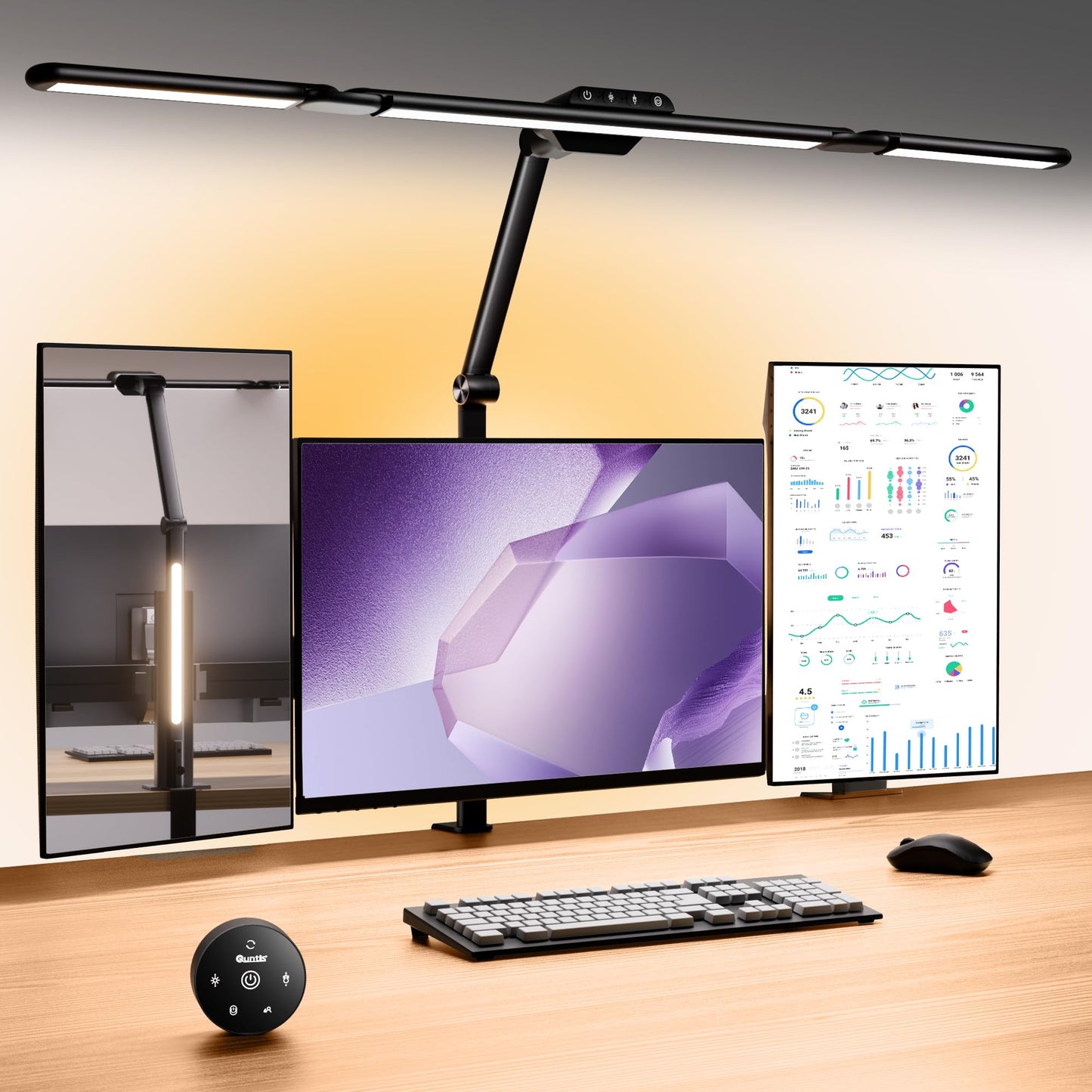 Quntis 32.5" Desk Lamp with 3-Adjust Light Bar, Backlight & Motion Sensor, Remote & Touch Control Architect Desk Light with Clamp,1100LM Glare-Free,Timer, 4 Color Dimming Monitor Light for Home Office