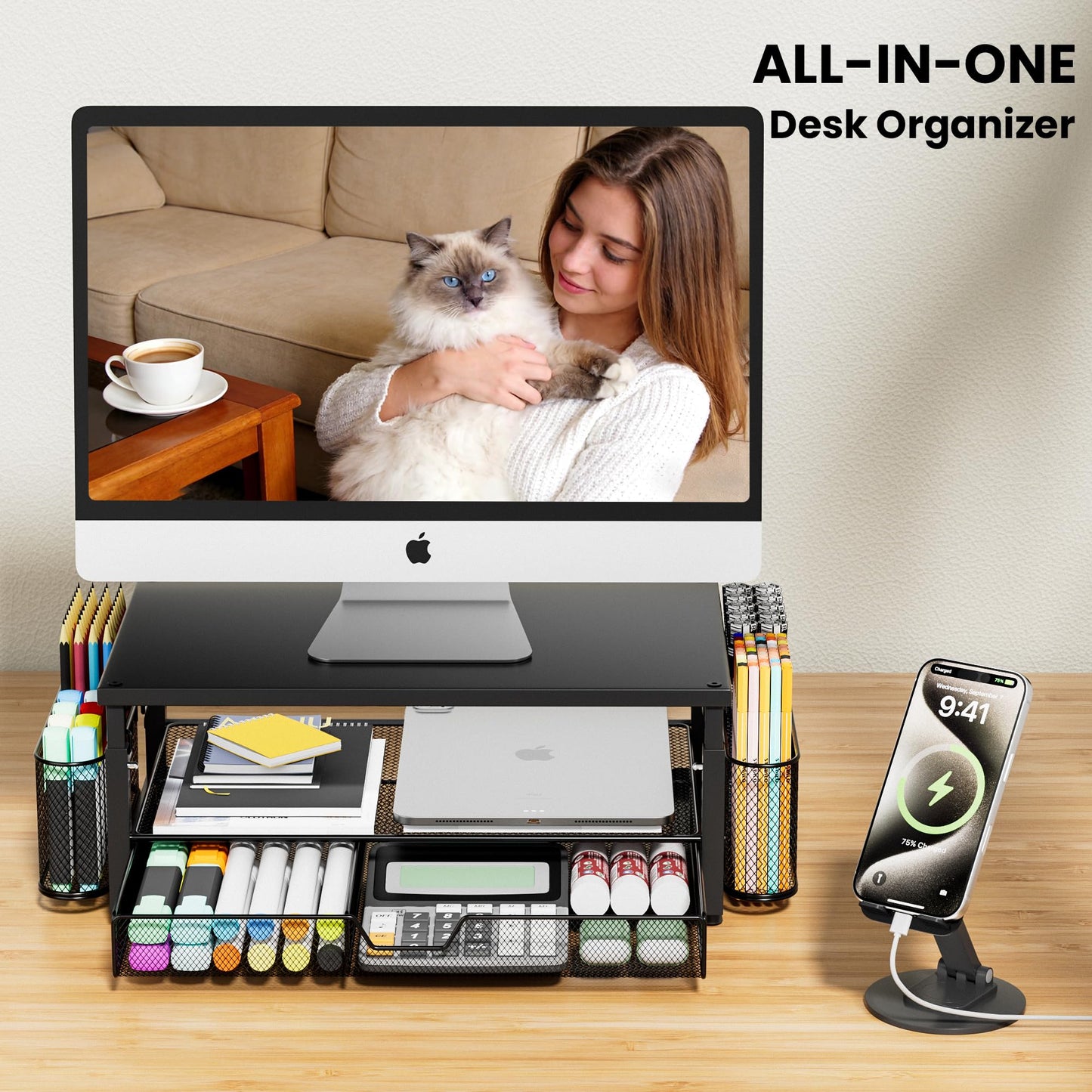 Desk Organizer and Accessories with Cellphone Holder, Height Adjustable 2-Tier Computer Monitor Stand Riser with Drawer and 2 Pen Holders,Office Desk Accessories for Office Supplies, Black