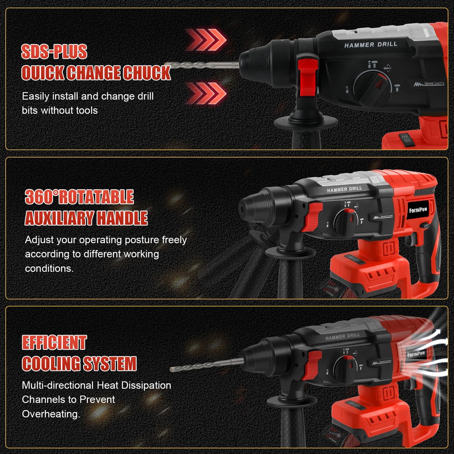 FormiPow SDS-Plus Rotary Hammer Drill for Milwaukee M18 Battery, 2.6J Impact Brushless Hammer Drill, 4 Mode Operation, 360° Rotating Cordless Hammer Drills with 5 PCS Drill & Chisel Set (No Battery)