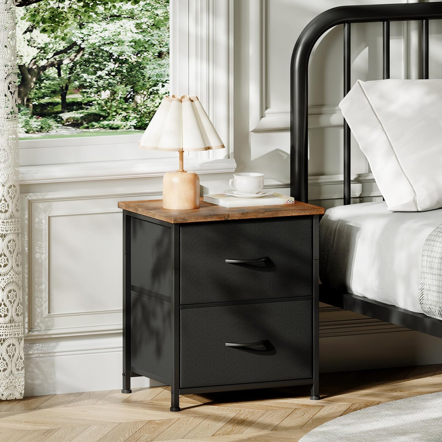 Somdot Nightstand with 2 Drawers, Small Bedside Table with Removable Fabric Bins for Bedroom, Nursery & Living Room - Sturdy Steel Frame, Wood Top, Black Rustic Brown