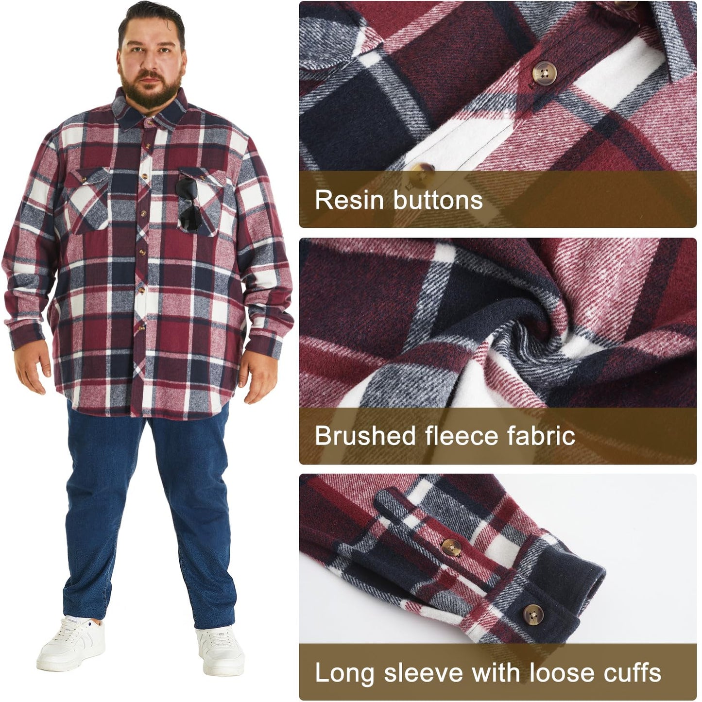 HOdo Big and Tall Mens Heavyweight Flannel Shirt 2XL- 6XL Button Down Shirt Burgundy Square 4XL