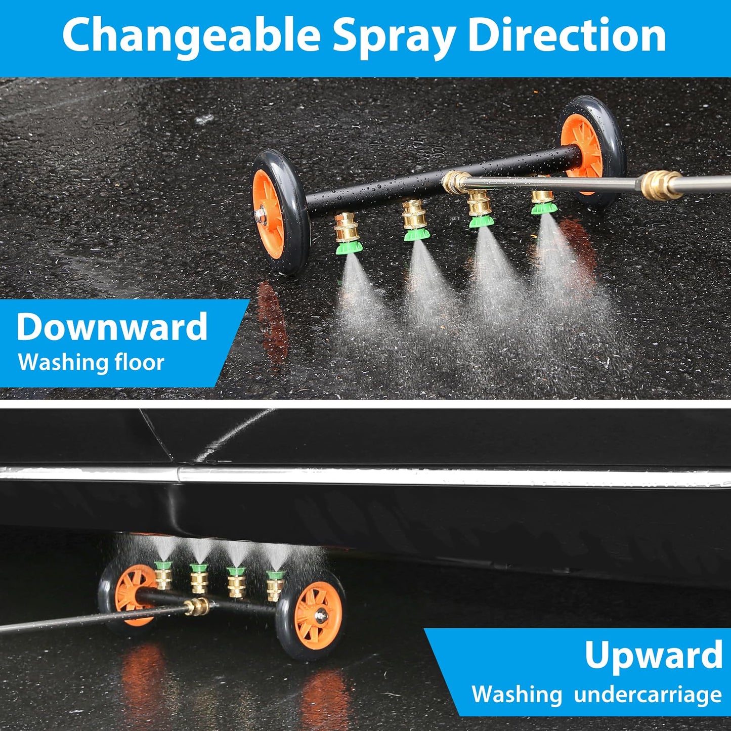 2-in-1 Undercarriage Pressure Washer Water Broom with Replaceable Nozzle, 16 Inch Car Pressure Washer with Foam Cannon/Mitten, Surface Cleaner 1200-4000 PSI (with Bottle& Replaceable Nozzle)