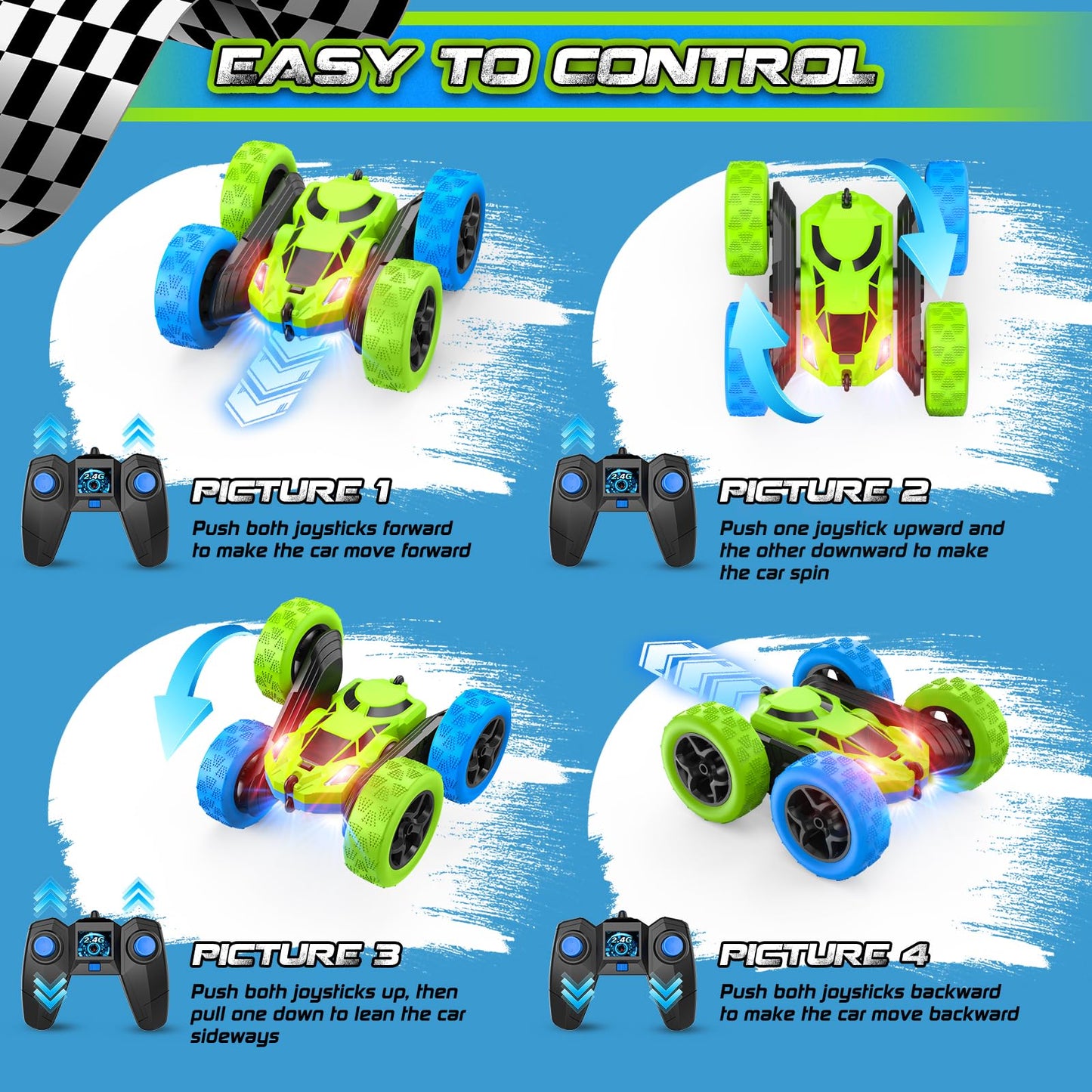 Remote Control Cars for Kids, Stunt RC Cars with 4WD Double-Sided Driving 360° Flips Rotating, Remote Car Toys for Boys Valentines Day Gifts Birthday Gifts - Blue&Green