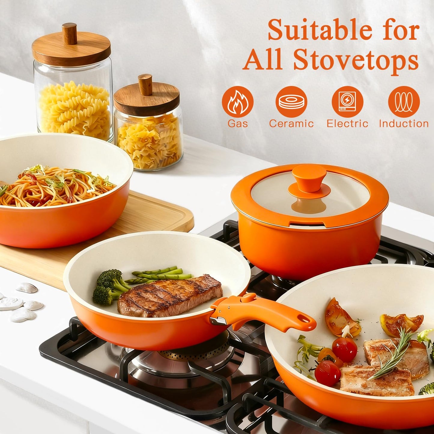 GIPP 5pcs Pots and Pans Set Non Stick, Nonstick Cookware Set Detachable Handle,Ceramic Pots for Cooking Non Stick with Removable Handle, RV Cookware Set, Orange Gradient