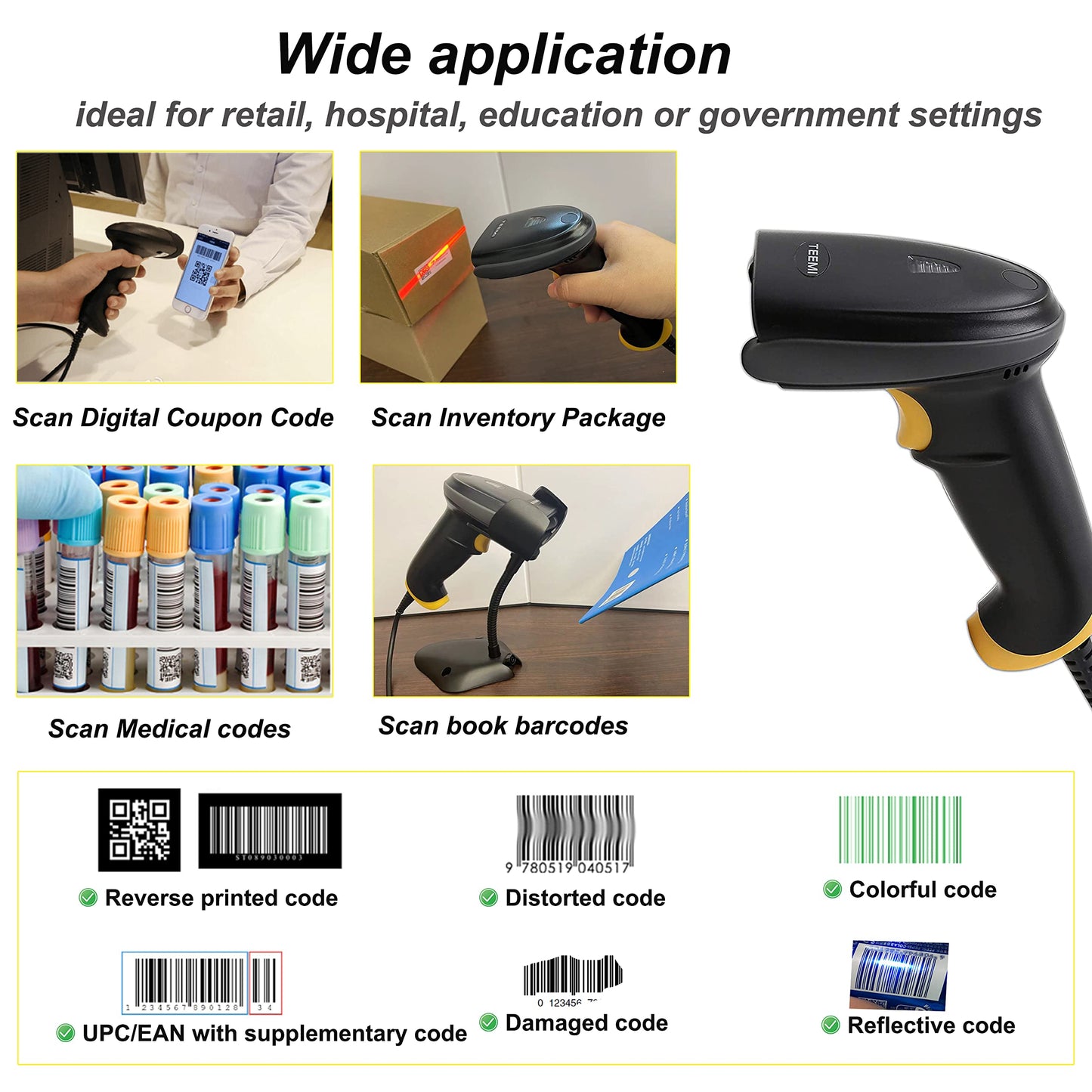 TEEMI 2D Barcode Scanner with Smart Stand USB Wired Handheld Automatic QR Data Matrix PDF417 OCR bar Codes Imager Global Shutter Computer Screen Scan for Windows Mac and Linux PC POS, Stand Included