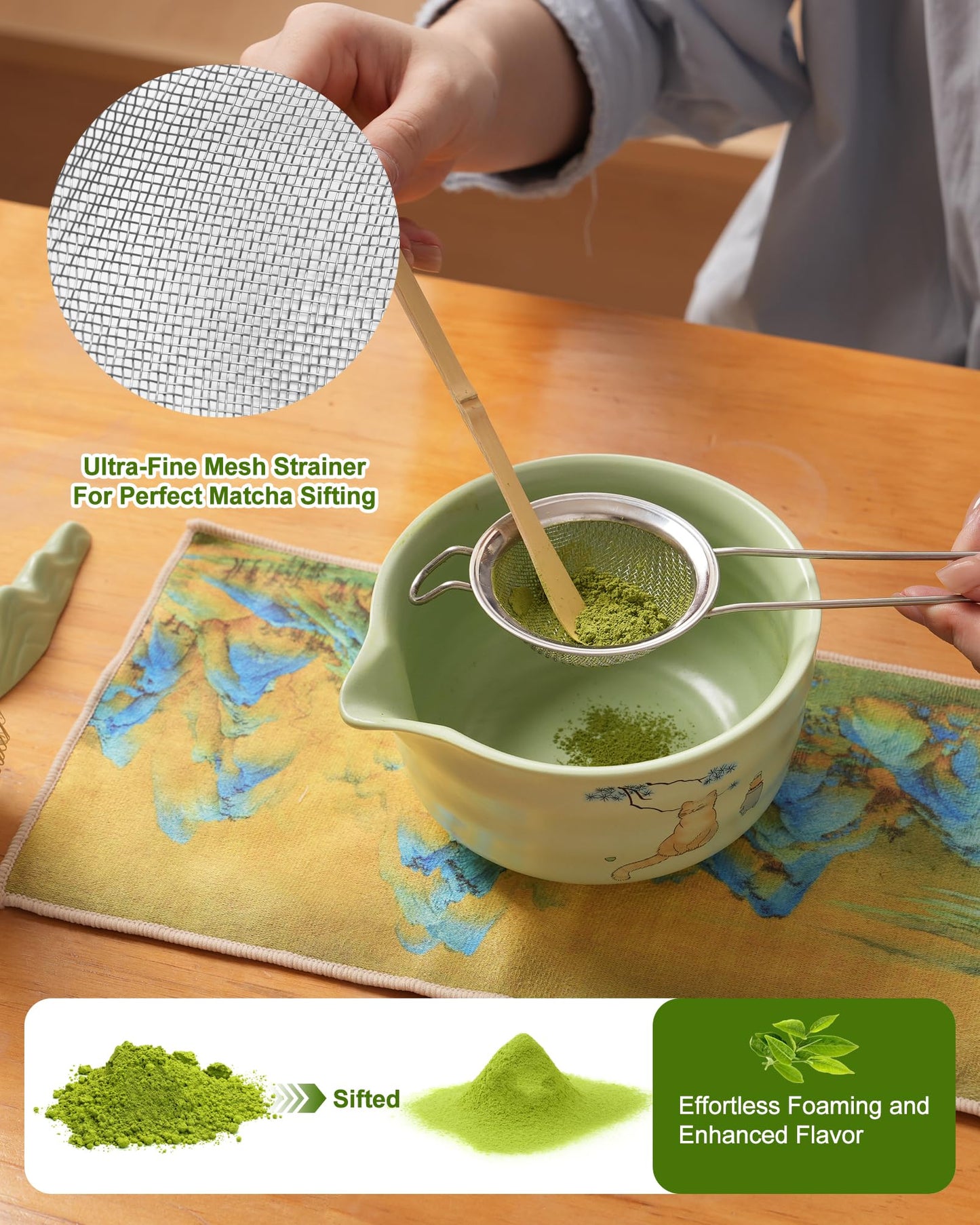 Matcha Whisk Set 7 Pcs – Japanese Tea Ceremony Kit with Bamboo Chasen, Ceramic Bowl, Scoop, Spoon & Sifter, Traditional Matcha Tea Set for Making Authentic Green Tea (Green)
