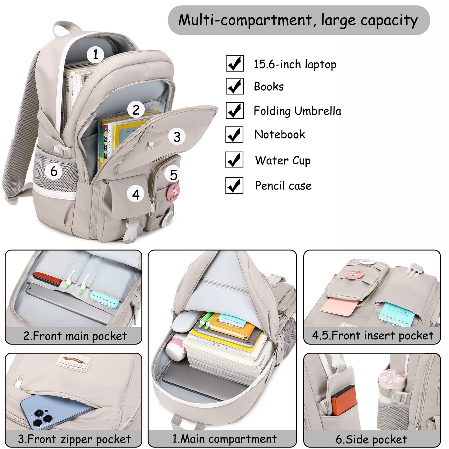 Makukke School Backpacks for Teen Girls - Laptop Backpacks 15.6 Inch College Bookbag Anti Theft Women Casual Daypack, Gray