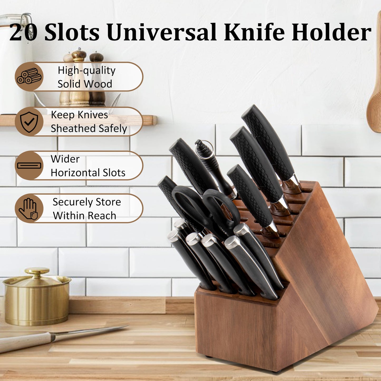 20 Slots Knife Storage Without Knives - Universal Acacia Wood Knife Holder for Kitchen Countertop, Large Butcher Block Organizer, Easy
