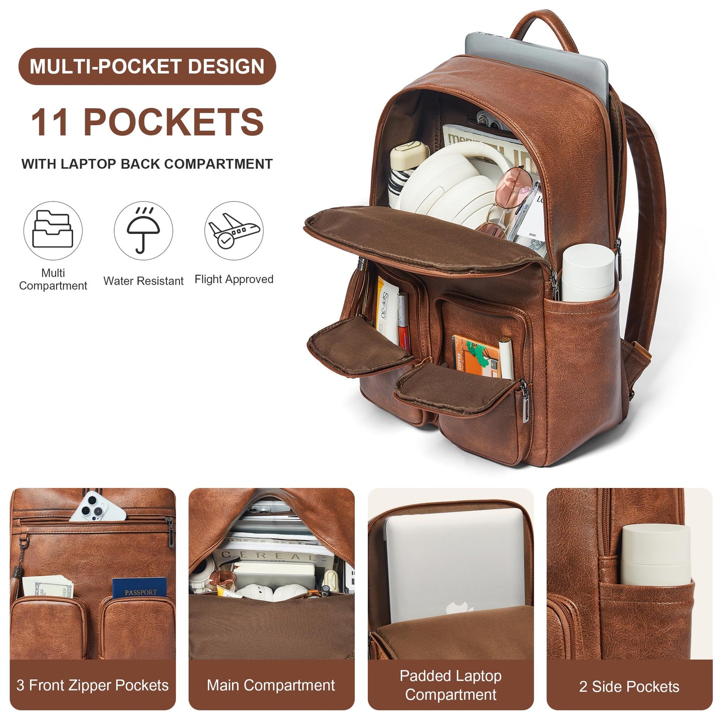 Shrrie Laptop Backpack for Women 16 Inch,Vegan Leather Travel Backpack Purse Work Business Computer Backpacks Teacher Nurse College Laptop Bookbag Casual Daypack,Two-toned Brown