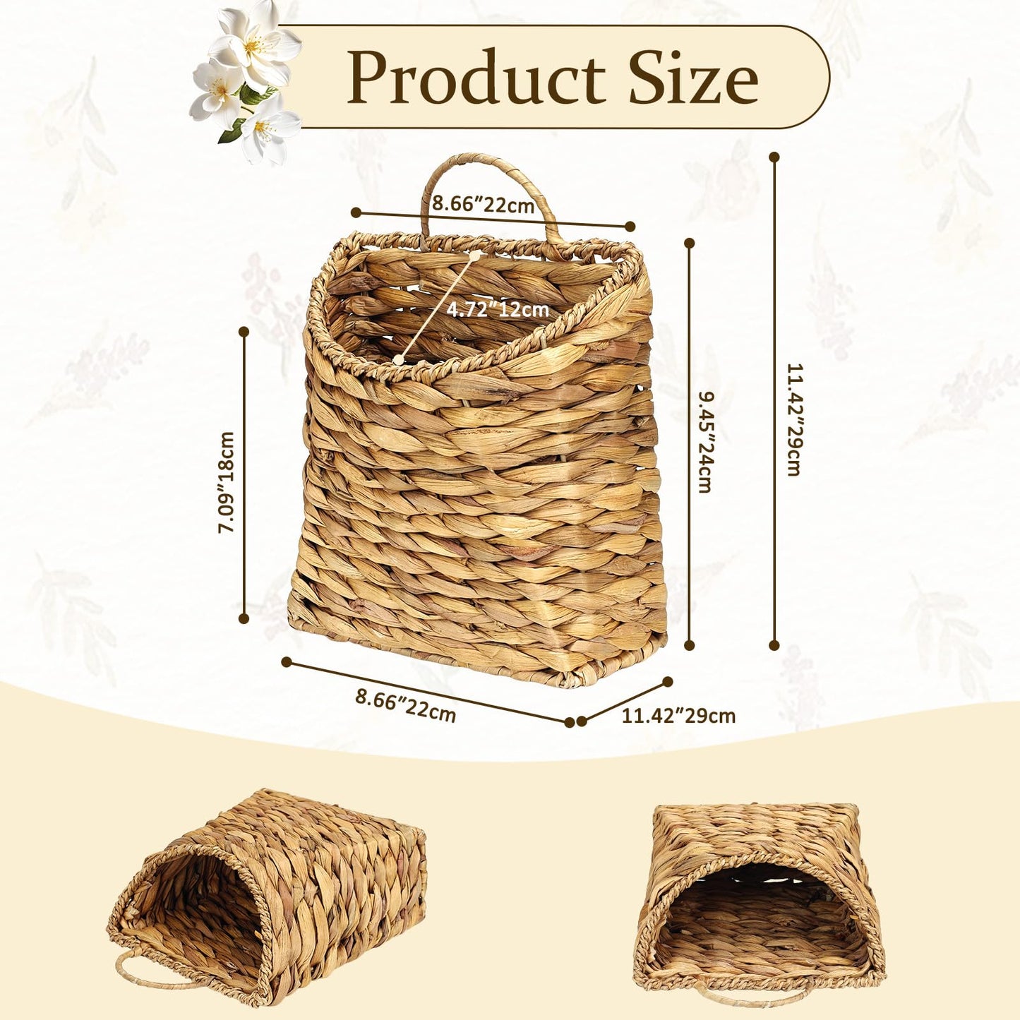 Mounting UP Woven Hanging Basket Water Hyacinth Hanging Basket for Wall Wicker Handmade Storage Flower Baskets for Garden Farmhouse Home Deco
