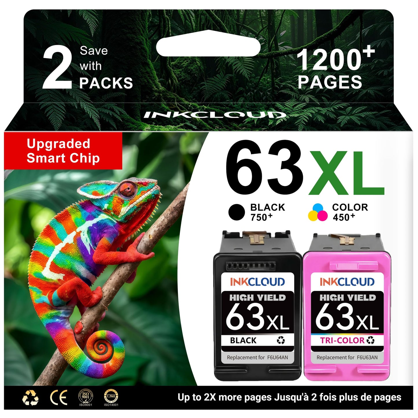 INKCLOUD 63XL Ink Cartridges Black and Color Combo Pack Compatible with HP 63 Ink 63XL Work with HP OfficeJet 3830 5255 5258 Envy 4520 4512 4513 4516 DeskJet 1112 1110 3630 3632, 2Pack