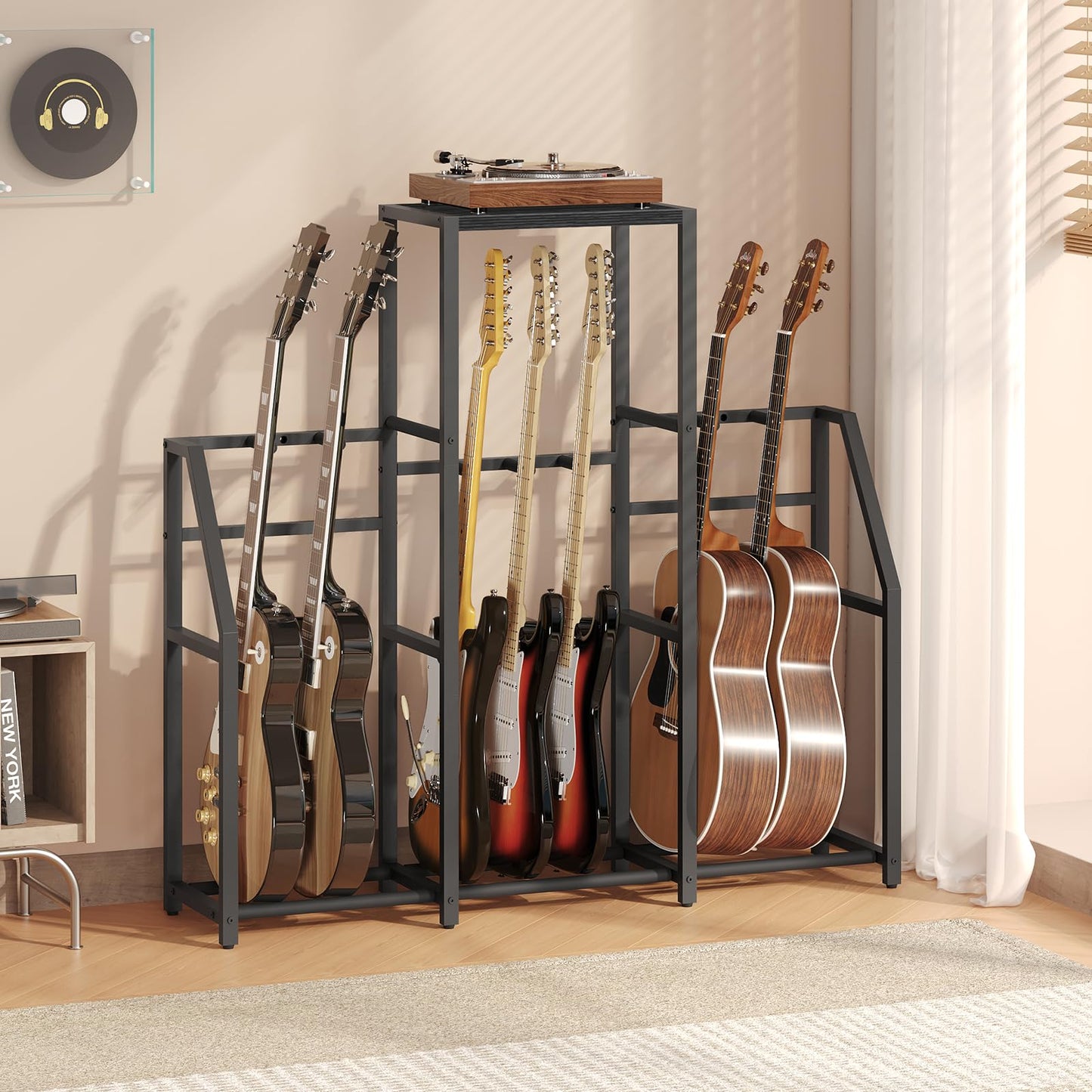 MAHANCRIS Guitar Stand, Multi Guitar Rack Stand for 7-10 String Instruments, Suitable for Bass, Ukulele, Banjo, Record Player, Accessories, with EVA Cover, for Music Studios, Black GSBK1401