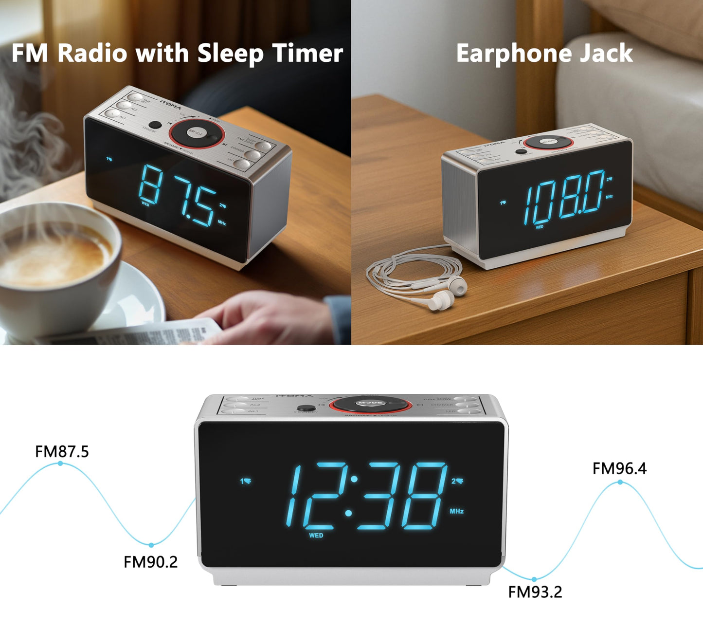 Alarm Clock Radio with Bluetooth Speaker, Digital FM Radio, Dual Alarm with Snooze, Large LED Display, Dimmer Control, USB Charging Output iTOMA CKS708