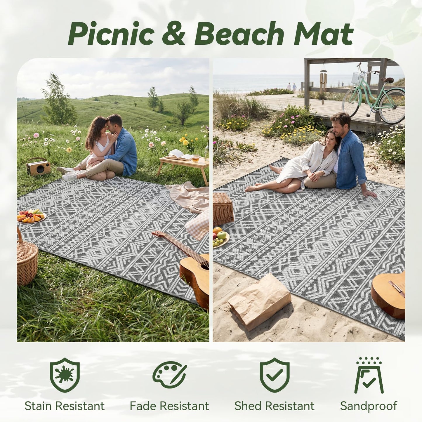 Outdoor Rug 5x8 ft Waterproof Outdoor Carpet-Patio RV Deck Camping Rug Portable Boho Rugs for Outdoor Area Rug Picnic Backyard Porch Beach Mat Grey
