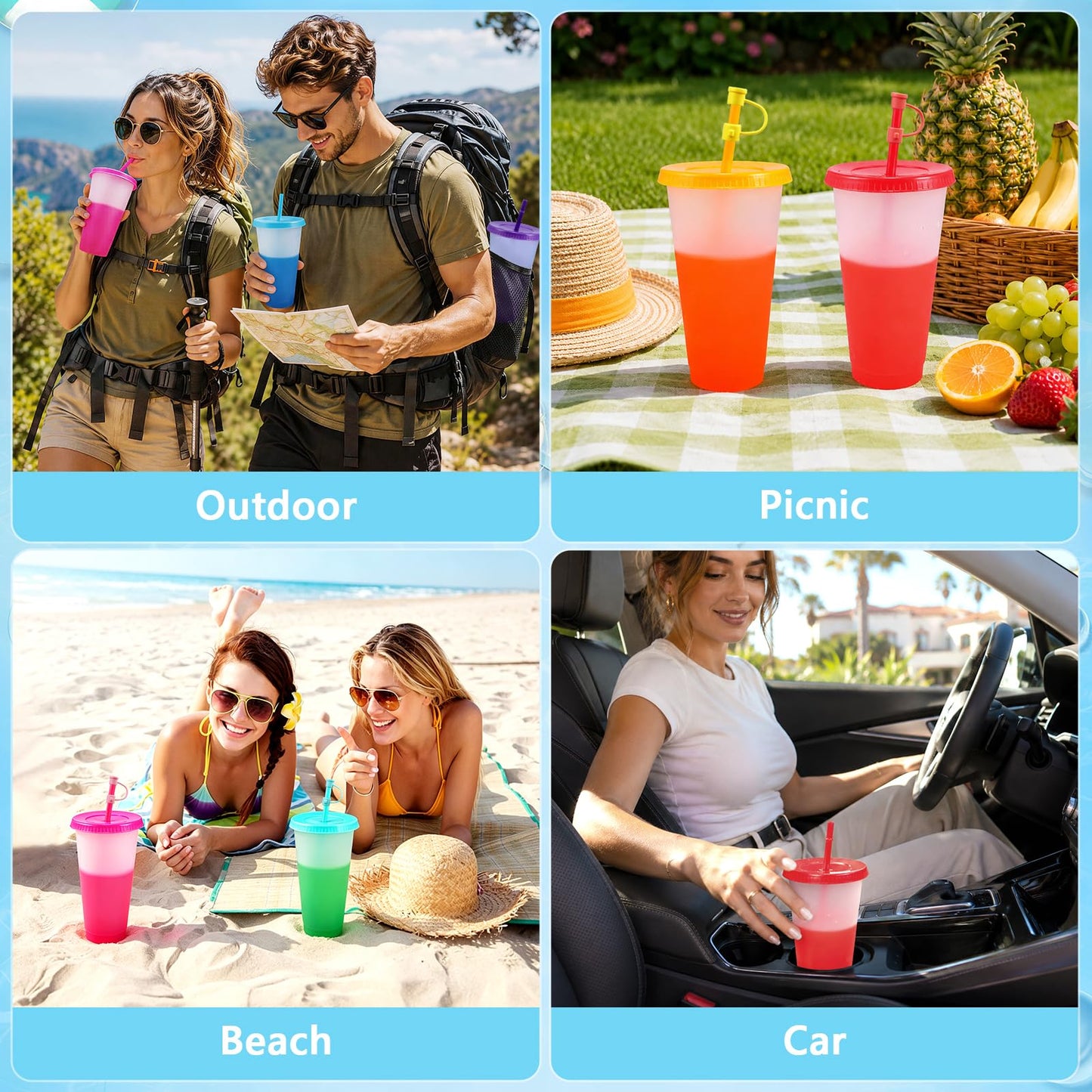 EASEVE 12 Pack 24oz Color Changing Cups Tumblers with Lids & Straws Cover - Reusable Plastic Iced Coffee Cup Party Tumbler for Adults Travel Mugs for Drinks (with Straw Cover)
