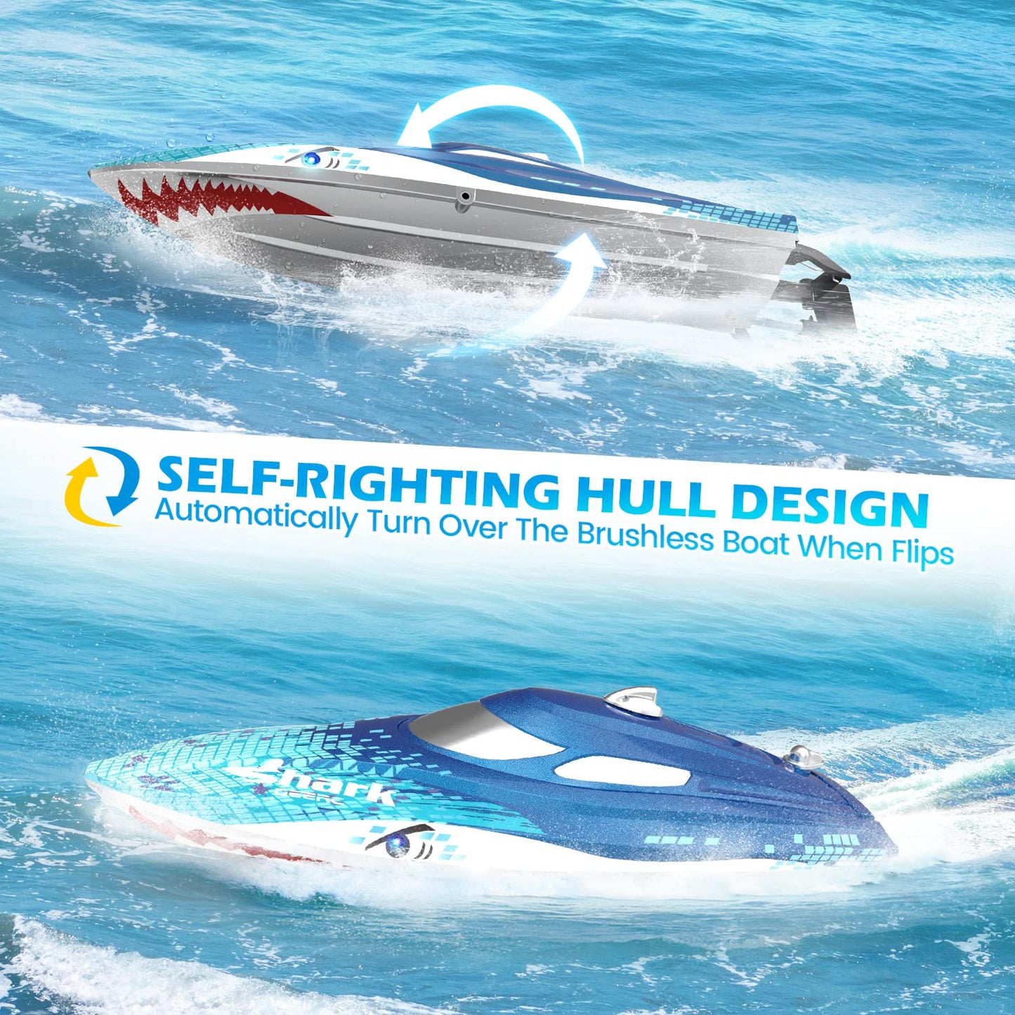 DEERC High Speed RC Racing Boat W/Shark Graffiti, 20+ MPH, Fast Remote Control Boat W/LED Lights for Pools and Lakes, 2.4Ghz RC Shark Toy for Kids & Adults, Demo Mode, Capsize Recovery, Water Toy