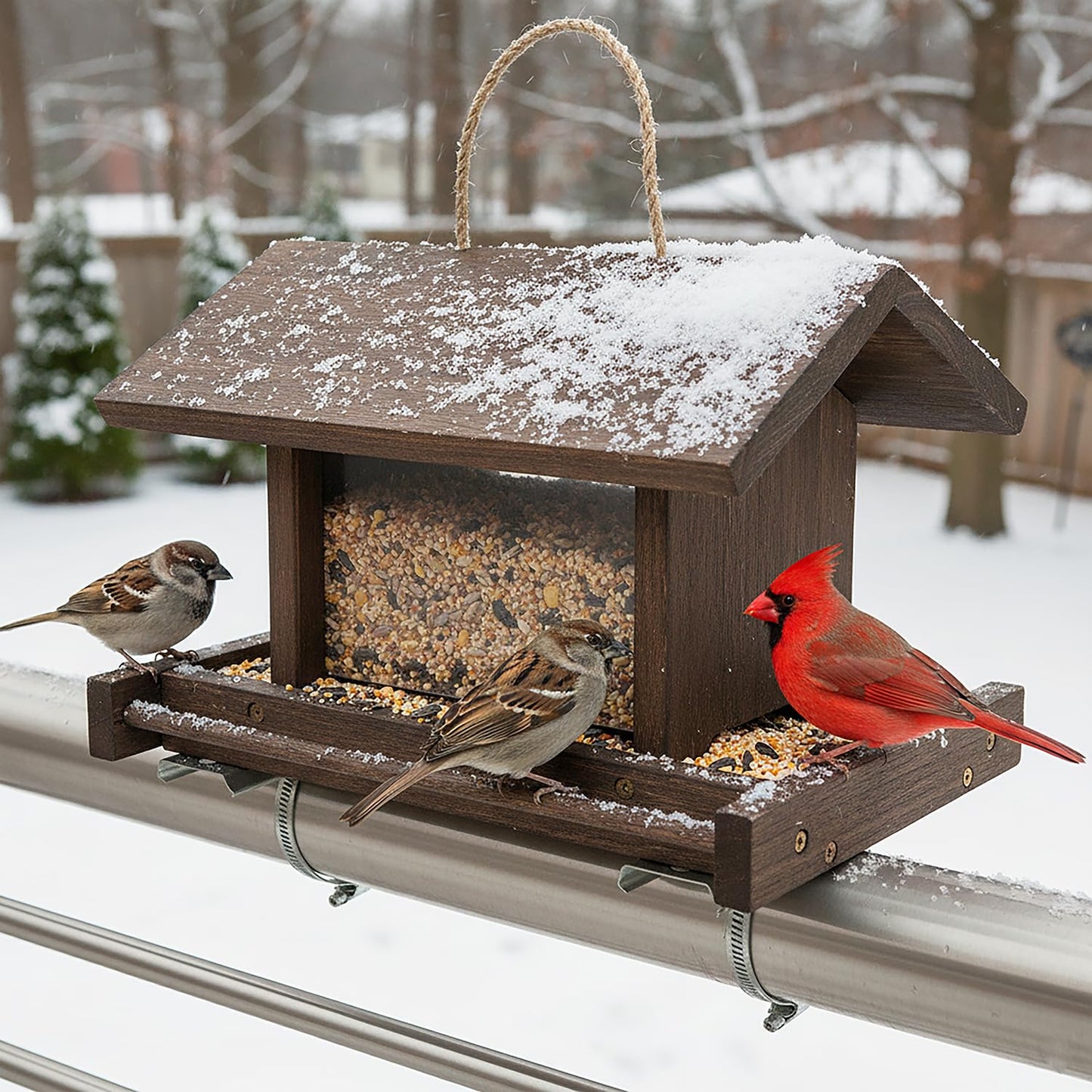 Zeqeey Wooden Bird Feeder Large Capacity Hanging Wood Birdfeeder with Tree Railing Handrail Fence Mounting Bracket for Feeding Outside Garden Wild Finches Robin Sparrow