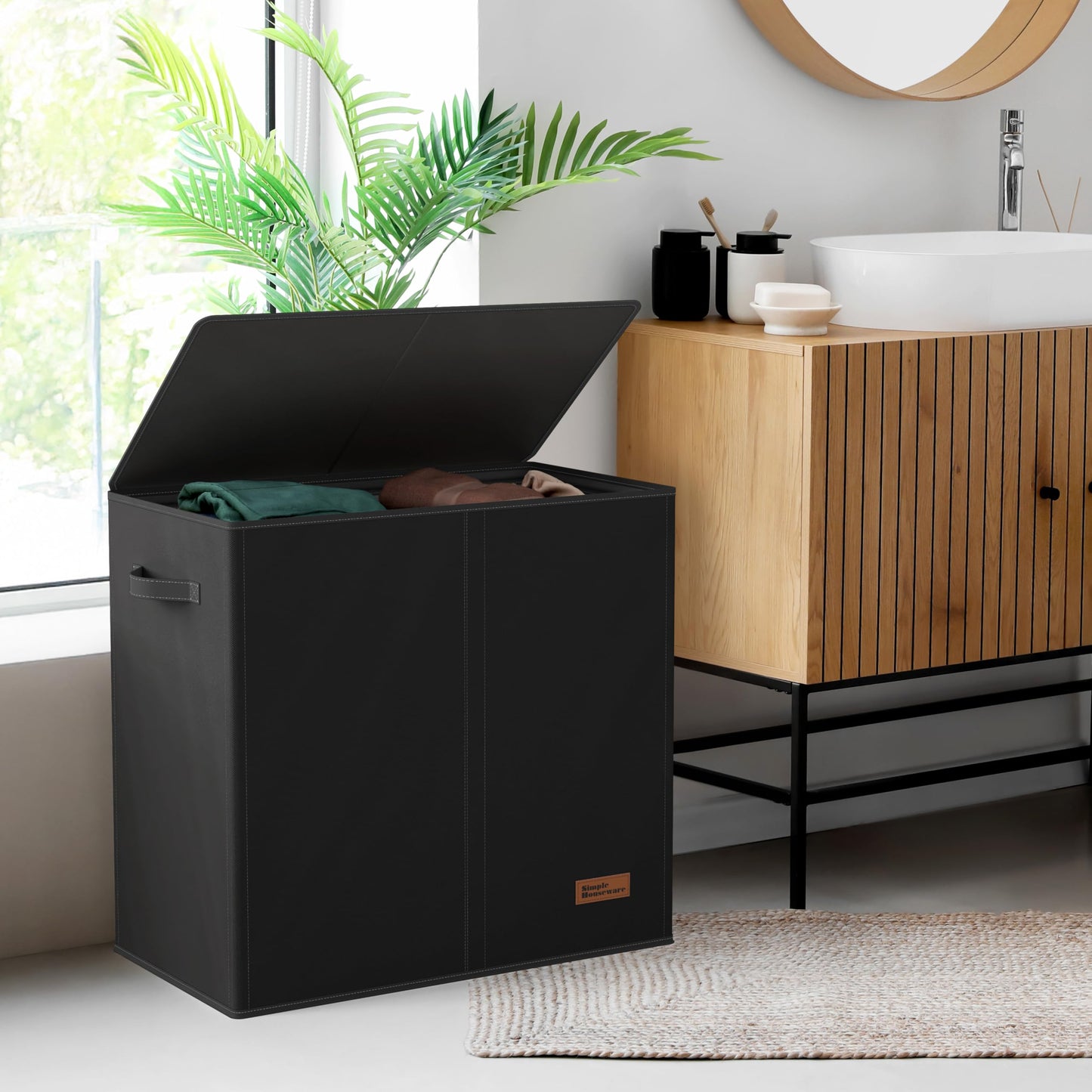 Simple Houseware 120L Double Laundry Hamper with Lid – Foldable Divided Clothes Basket with Removable Sorting Bags, Brown
